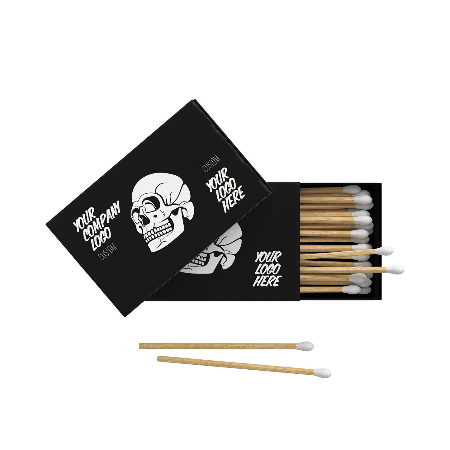 Black Euro matchbox with custom white graphic and white-tipped matches