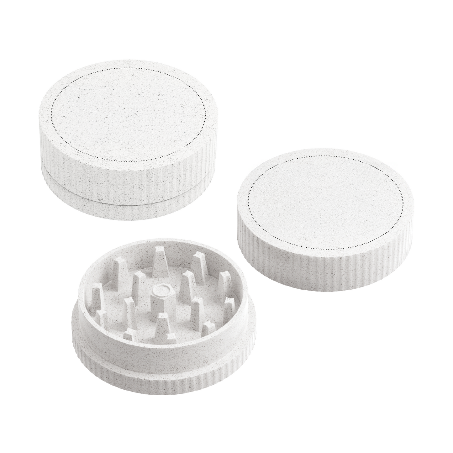 Blank white hemp grinders made from biodegradable plastic. Unbranded two-piece grinders shown open and closed