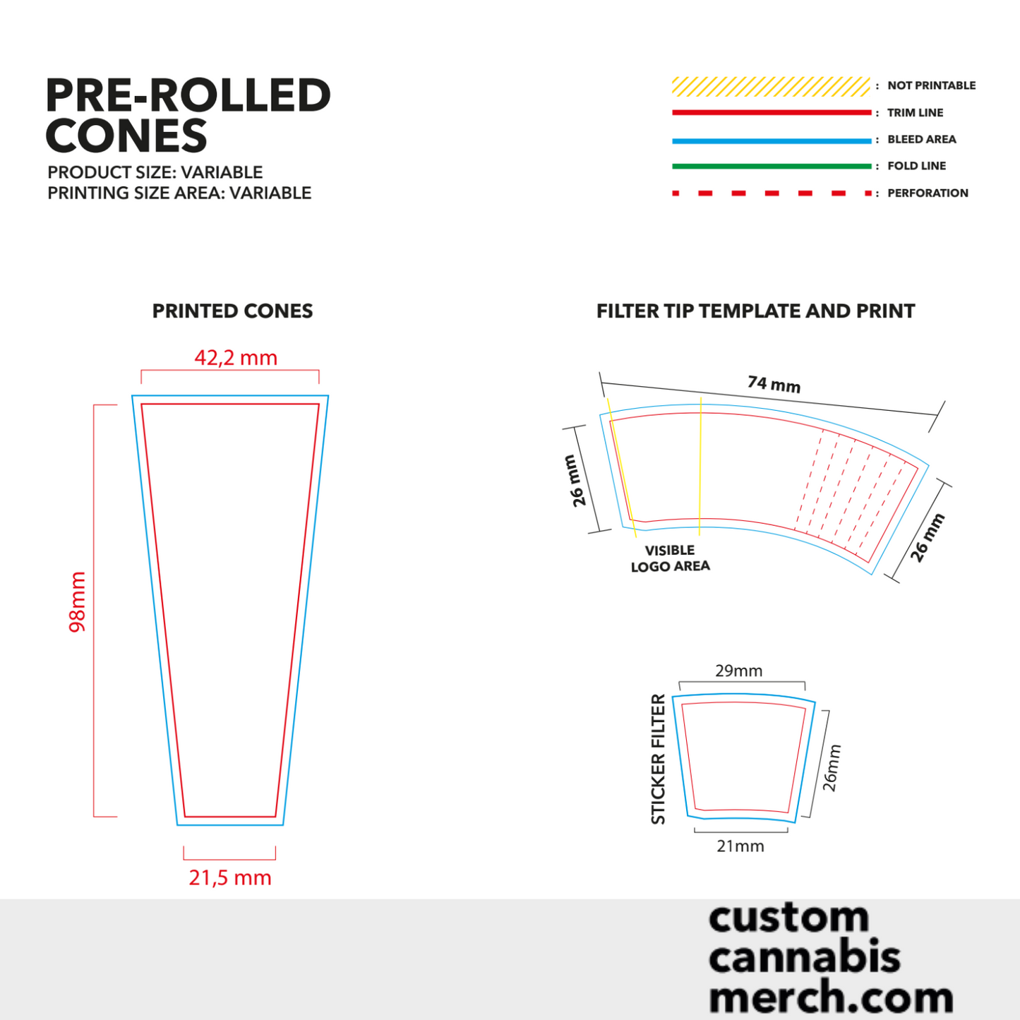 Printable dieline template for custom 3-pack pre-roll cone packaging design