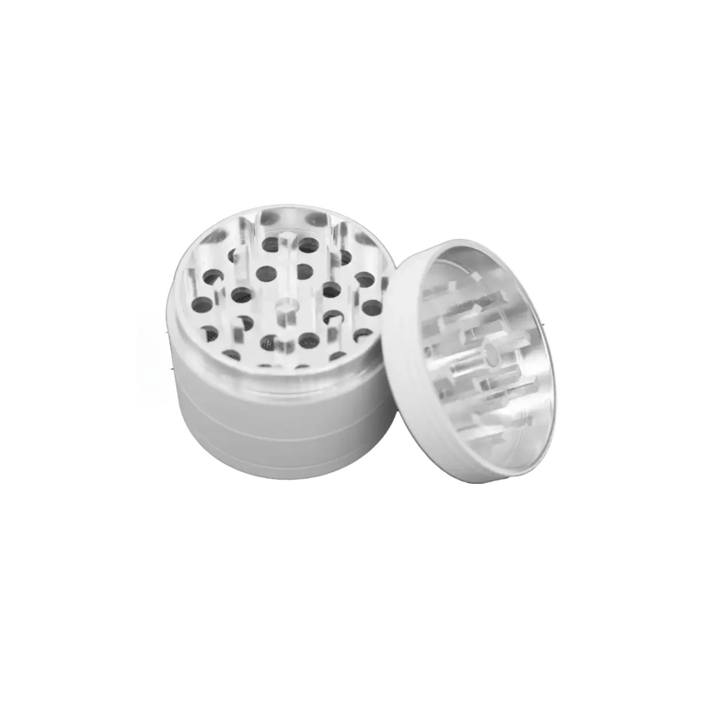 Open white 40mm custom 4-piece metal herb grinder with diamond-shaped teeth, designed for branded merchandise and retail accessories.
