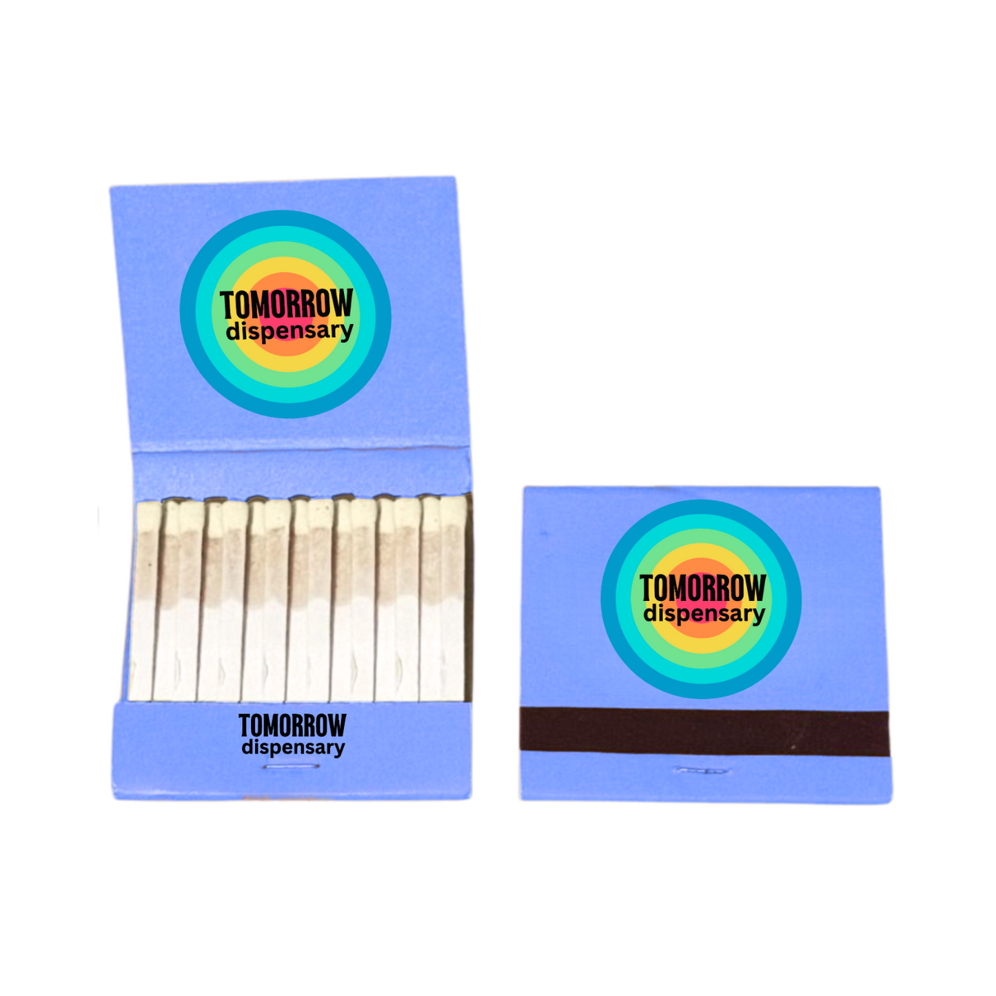 Custom blue matchbook with colorful logo and 30 matches – open and closed views
