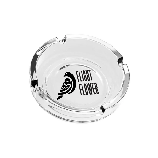 Clear glass ashtray with centered black custom logo print
