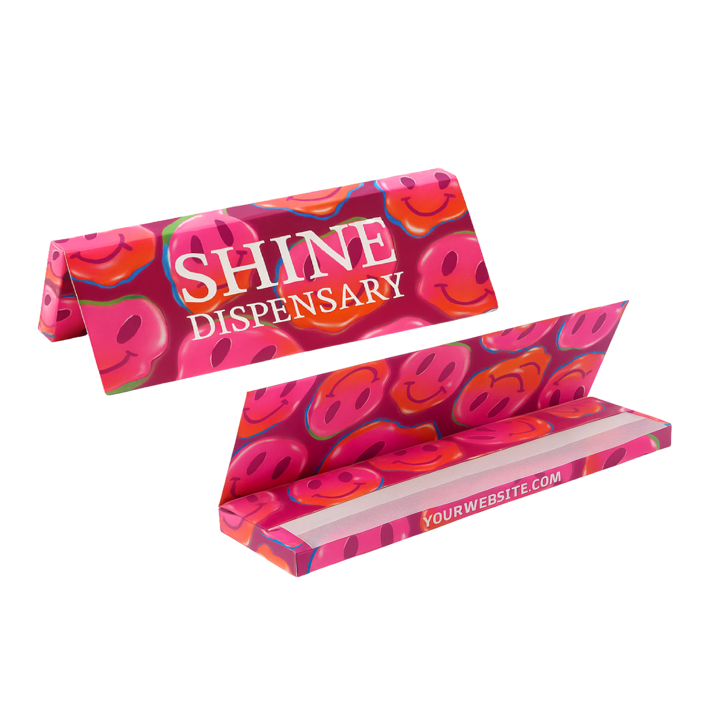 Custom King Size rolling paper booklet with vibrant smiley face pattern and display-ready layout