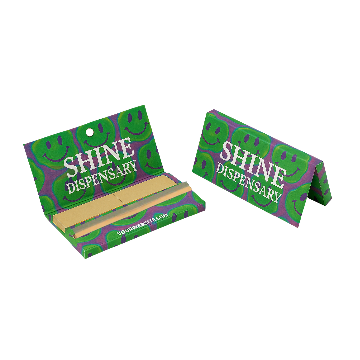 Custom king size rolling papers with tips and magnetic closure, decorated with purple and green Shine Dispensary design, ideal for custom merch and dispensary branding.