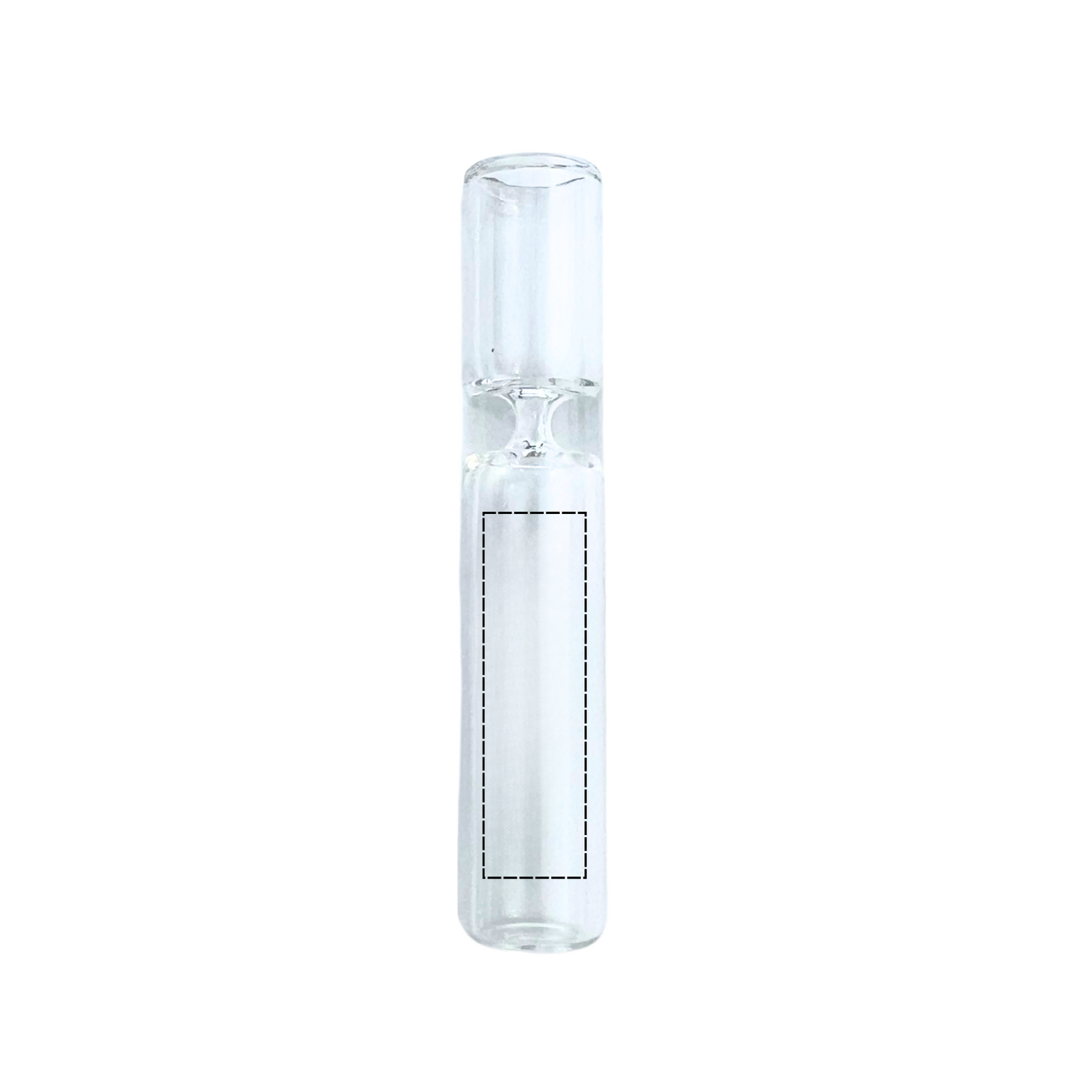 Blank prepack chillum with outlined dieline showing printable logo area on clear glass tube - ideal for designing custom branding
