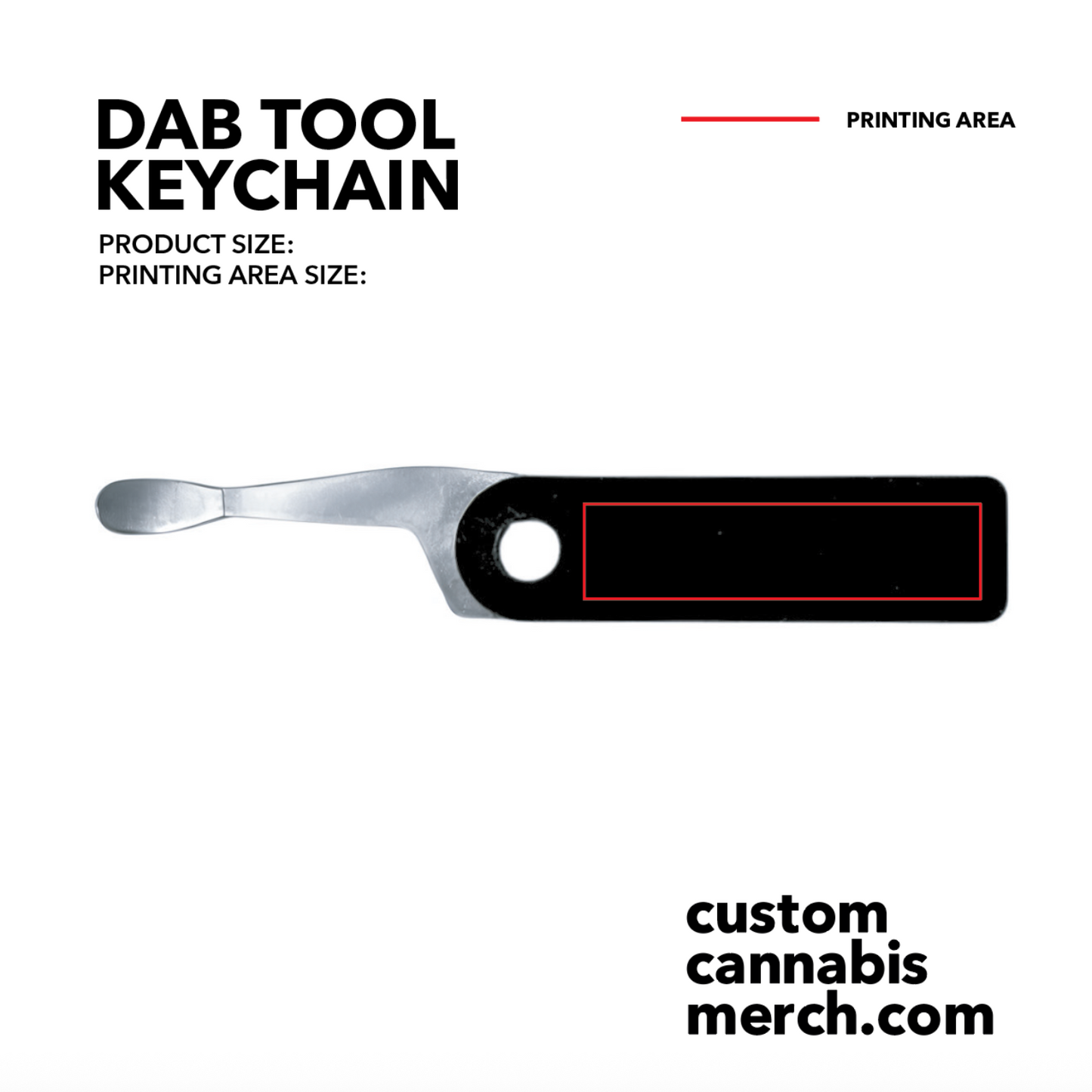 Custom dab tool keychain print area with size guide for logo placement and branding customization