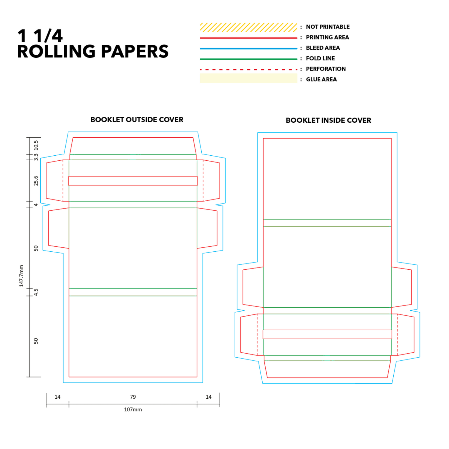 Print area layout for custom rolling paper booklets showing front and back imprint zones