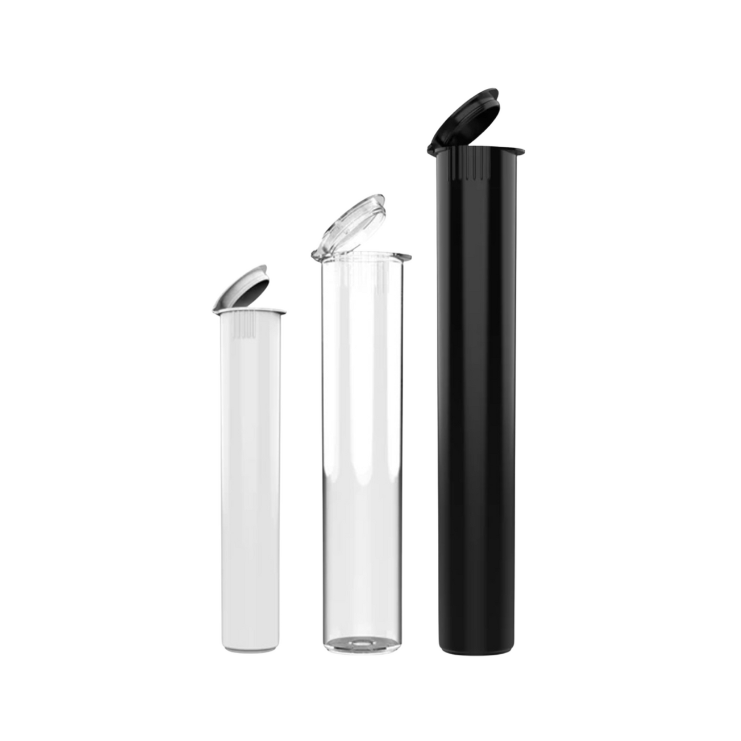 Blank pop-top pre-roll tubes in white, clear, and black plastic shown in 90mm, 98mm, and 116mm formats for custom labeling
