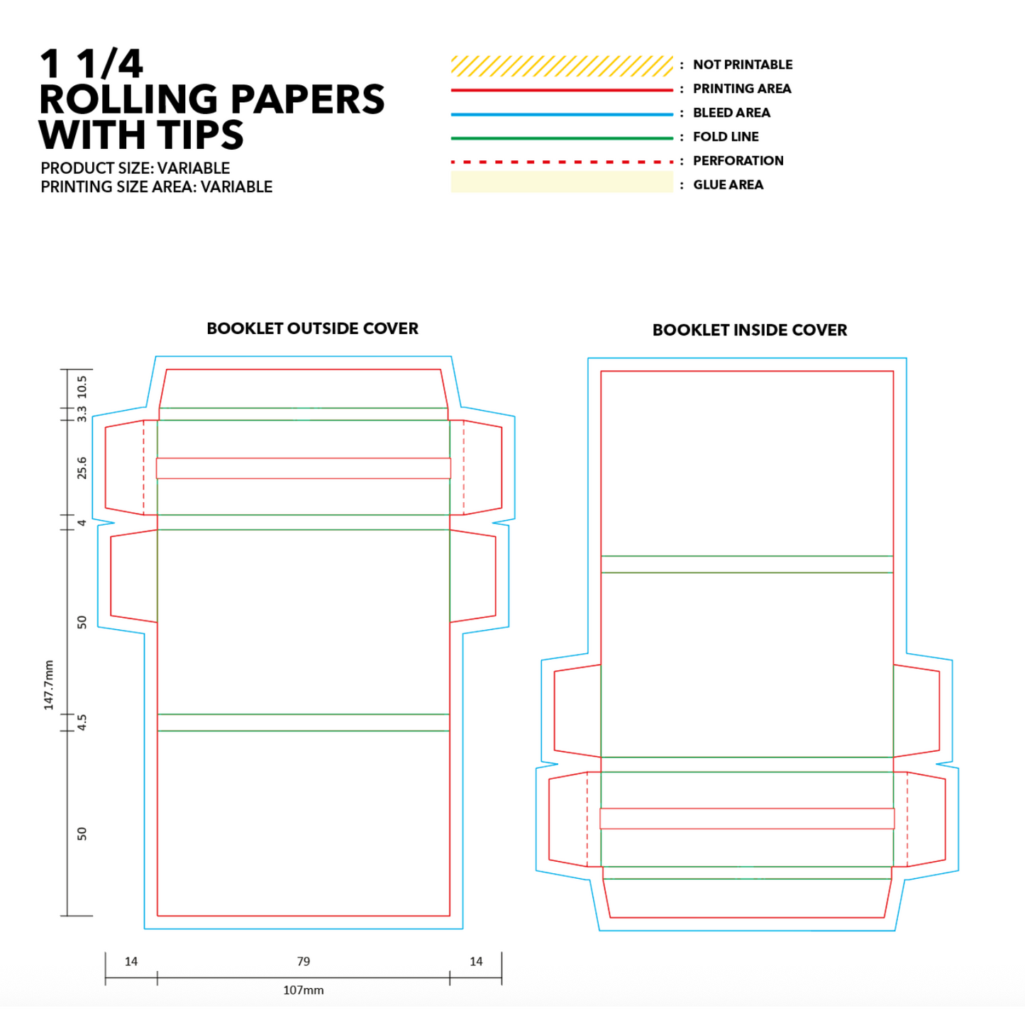 Custom dieline and print template for 1 1/4 rolling paper packaging with magnetic closure and tips