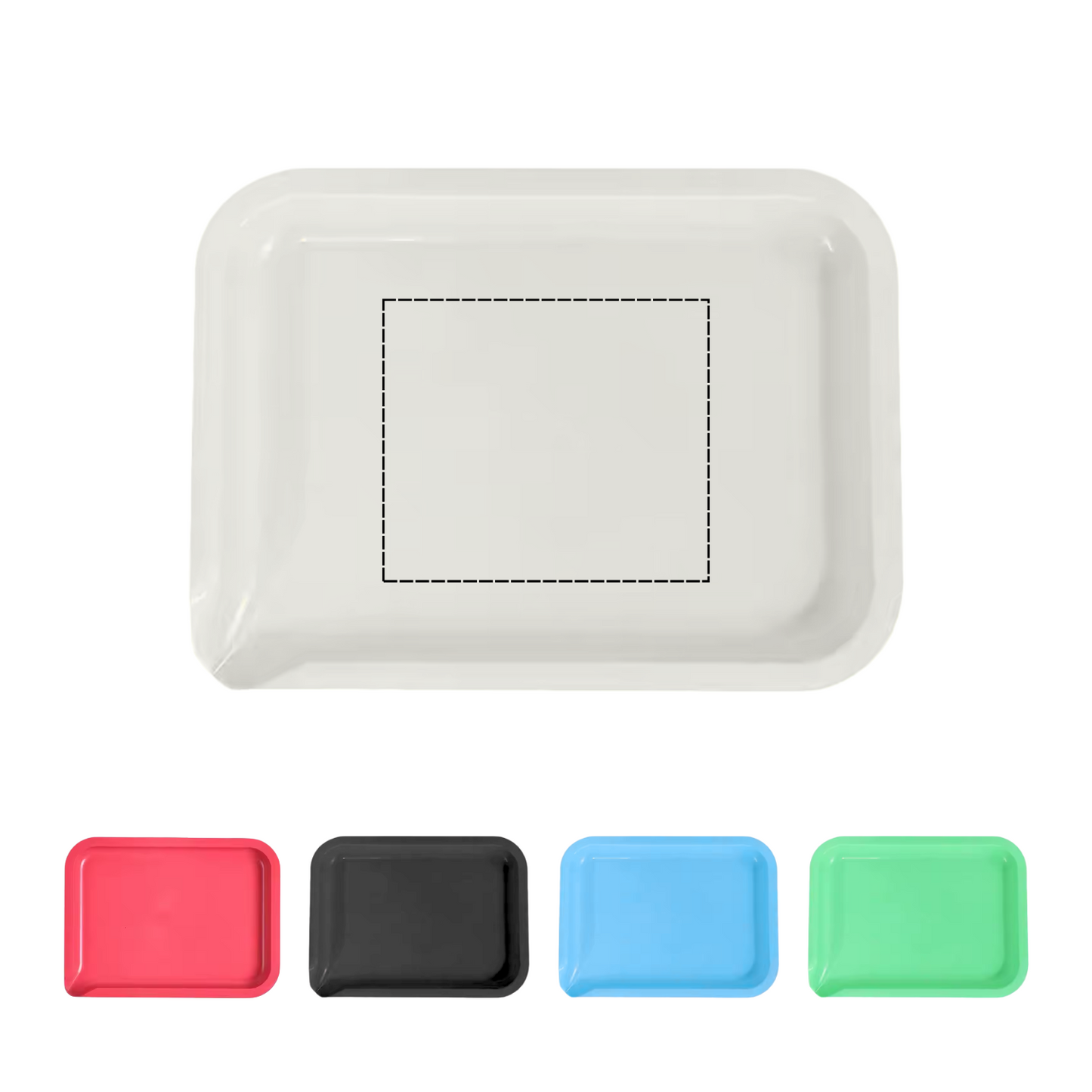 Color variations and print area template for custom 7x6 rolling tray with spout