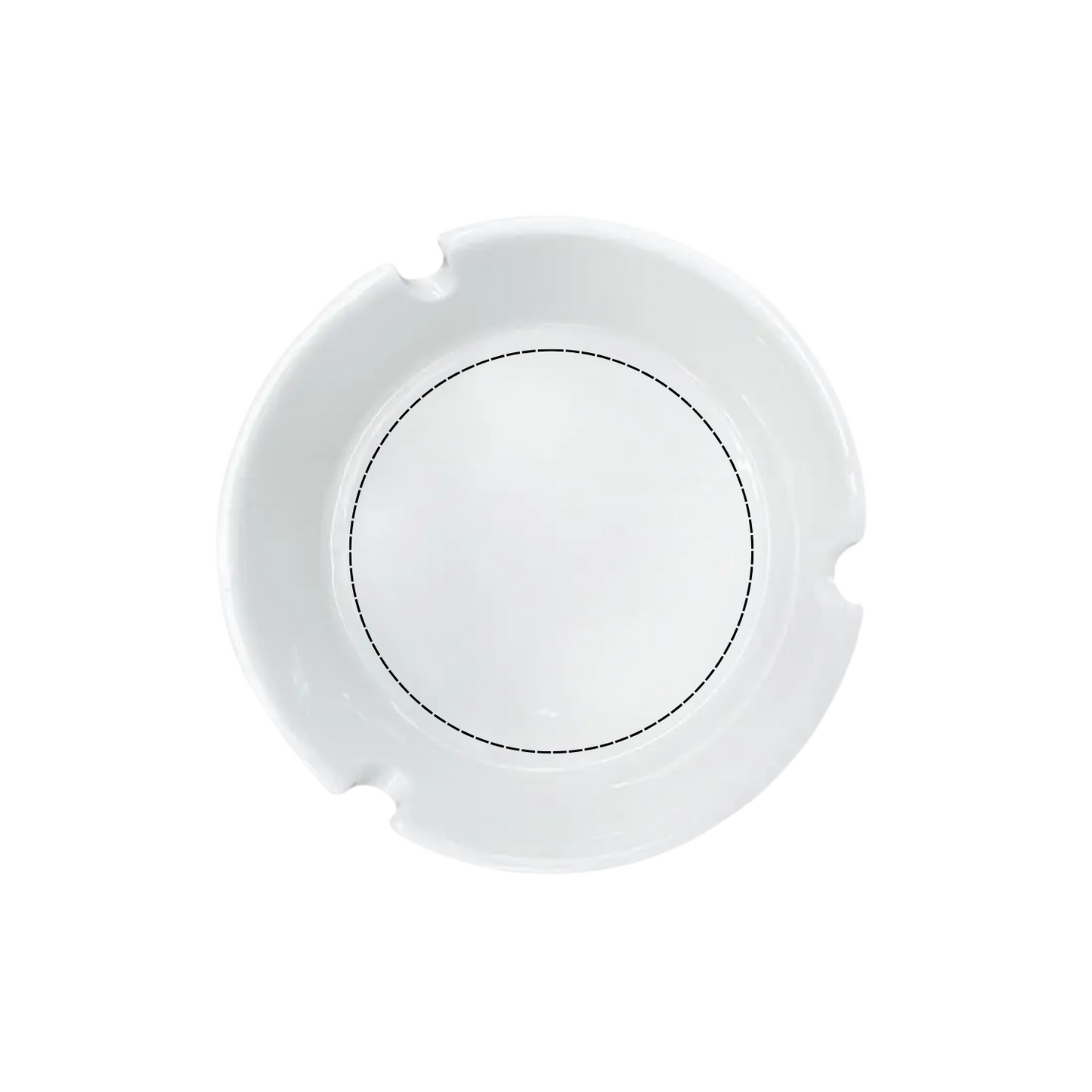 White glass ashtray showing printable area and design template for customization