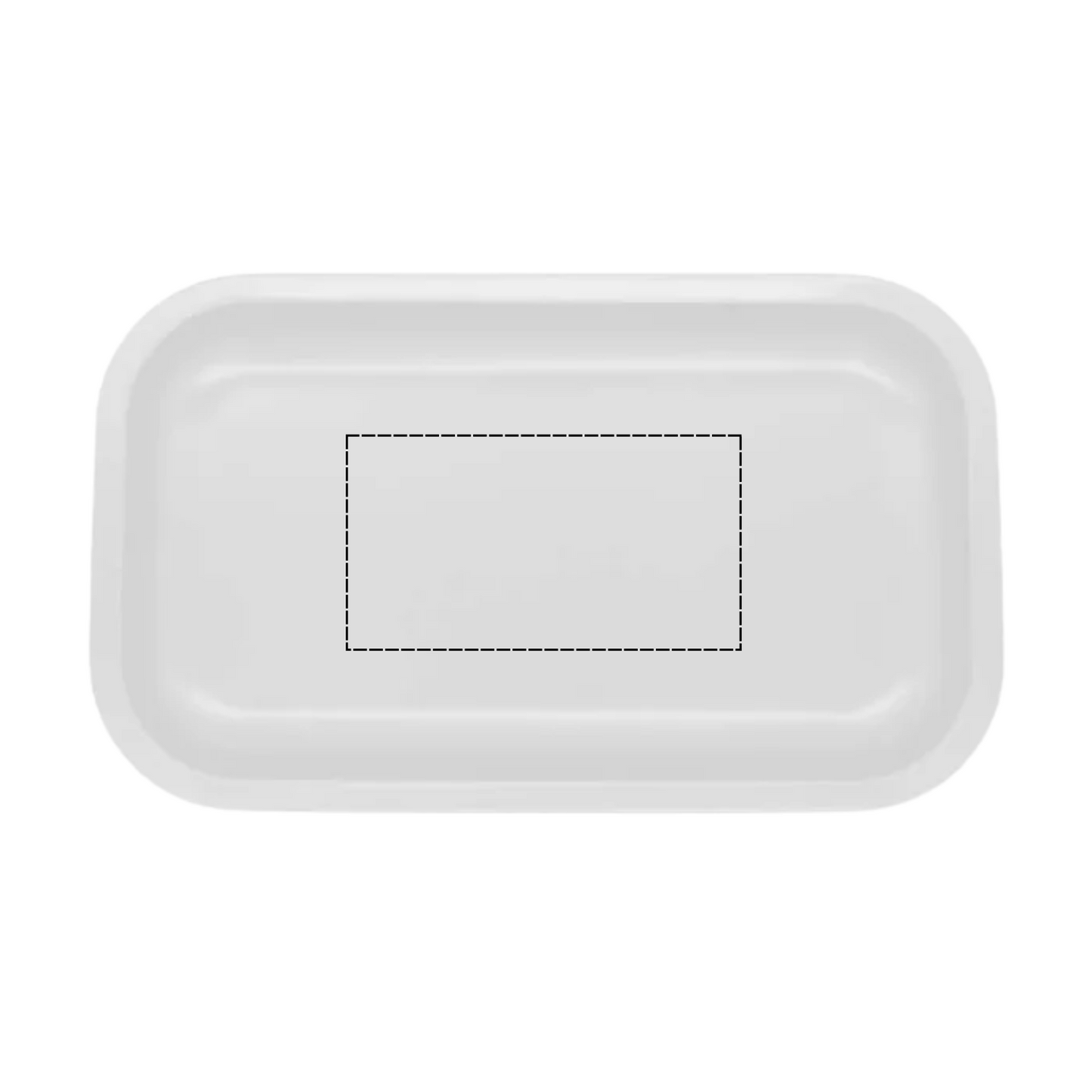 White medium-sized rolling tray with dyeline and print guidelines for customization