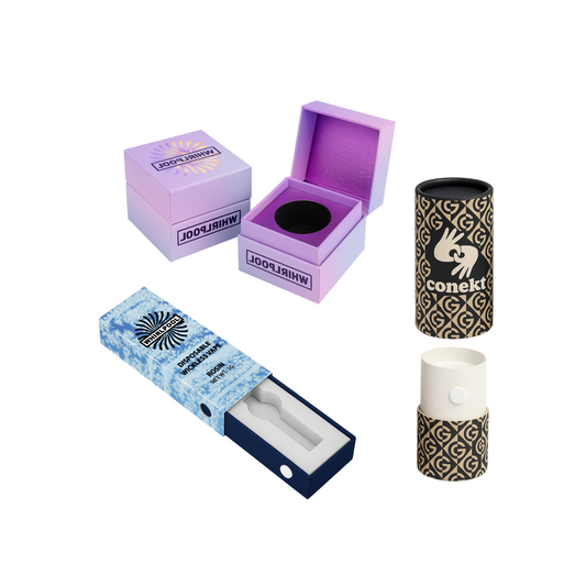 A variety of CR boxes for vape cartridges, disposable vapes and hash jars.