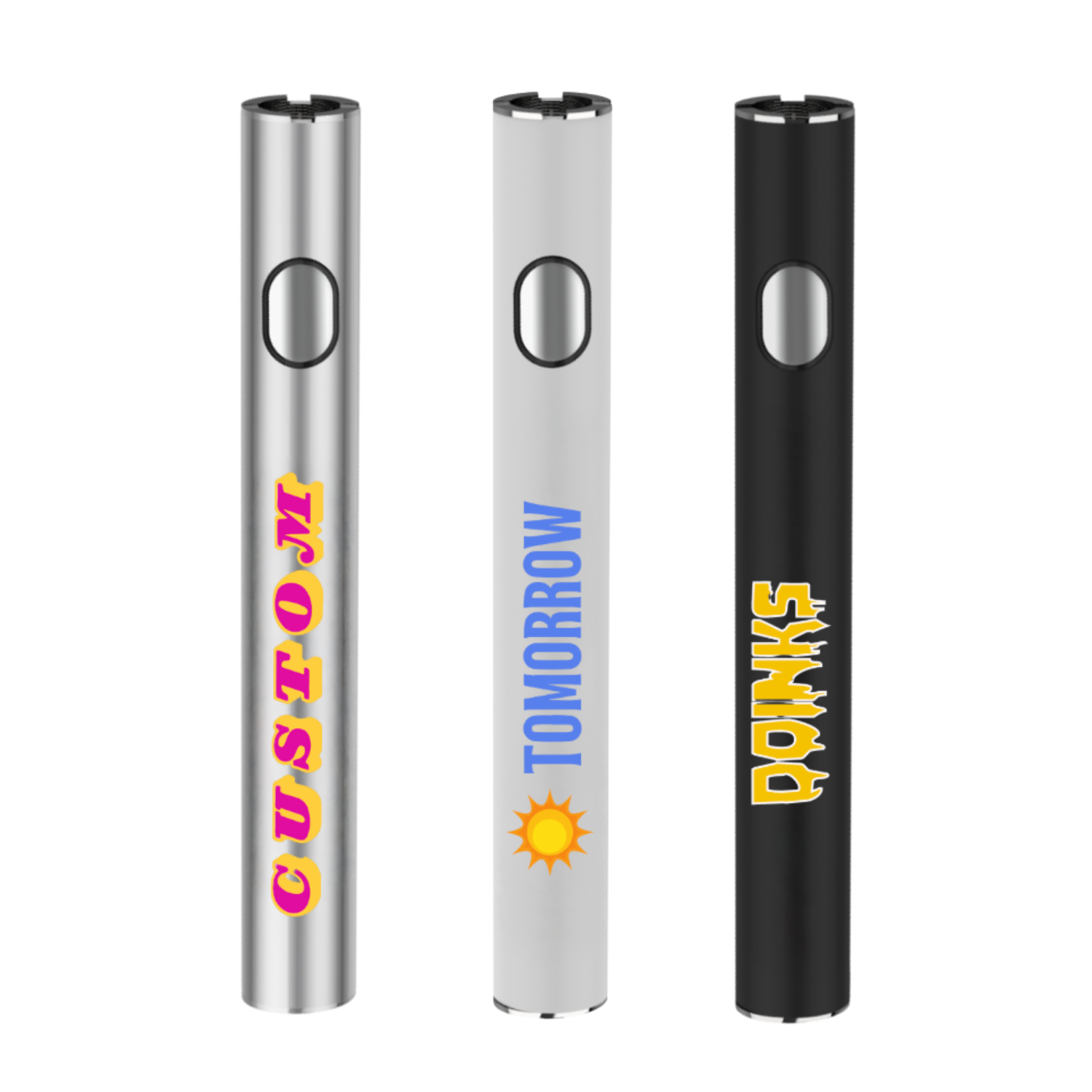 three full color logo ikrusher vape batteries in silver, white and black colors
