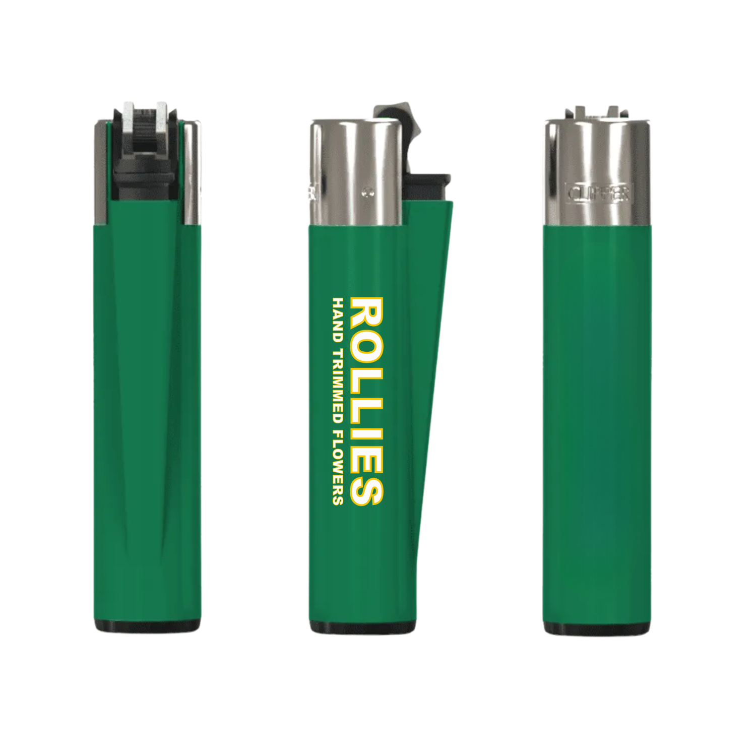 Custom-branded green Clipper lighters ideal for cannabis retail, featuring full color print options