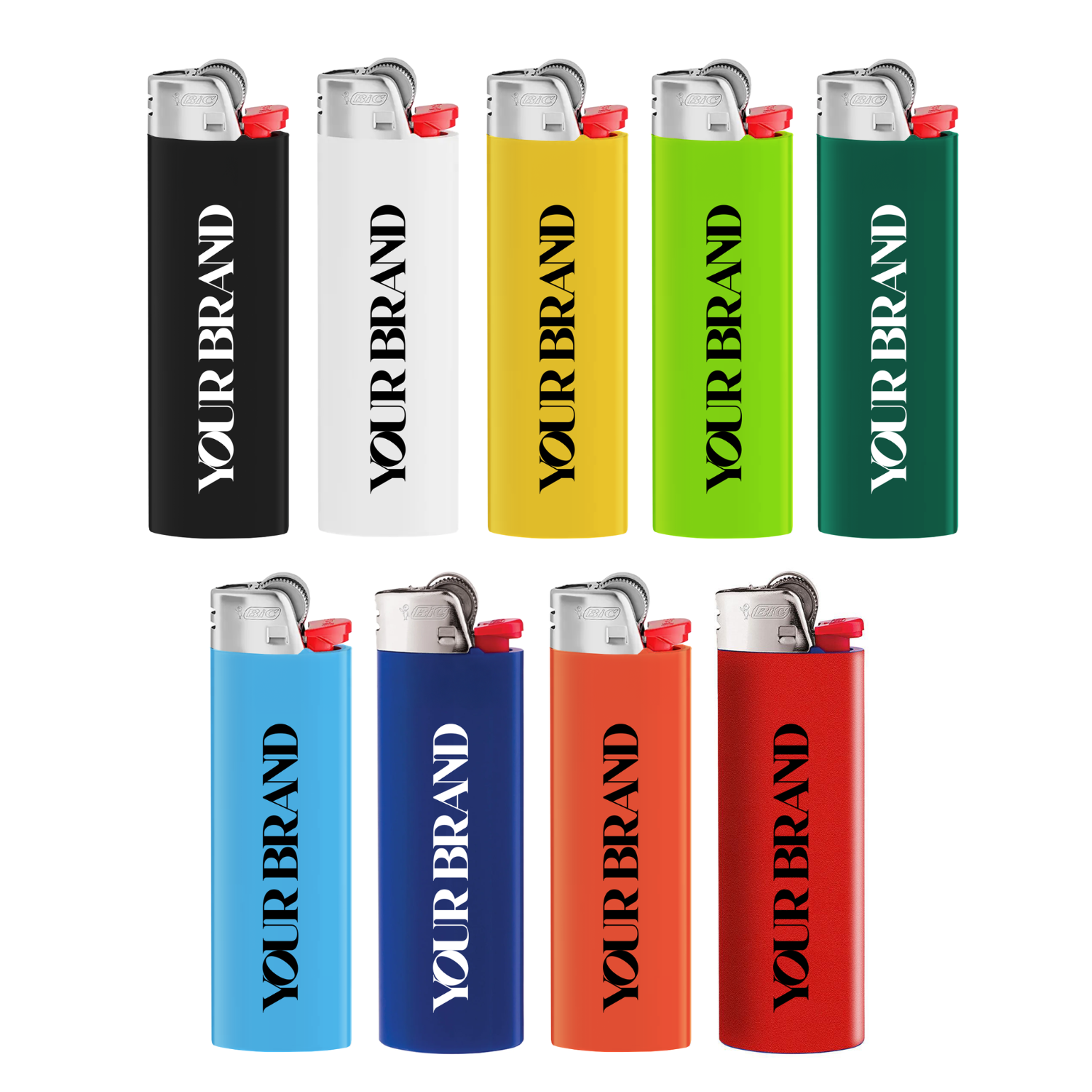 Custom Bic lighters in assorted colors with vertical logo designs