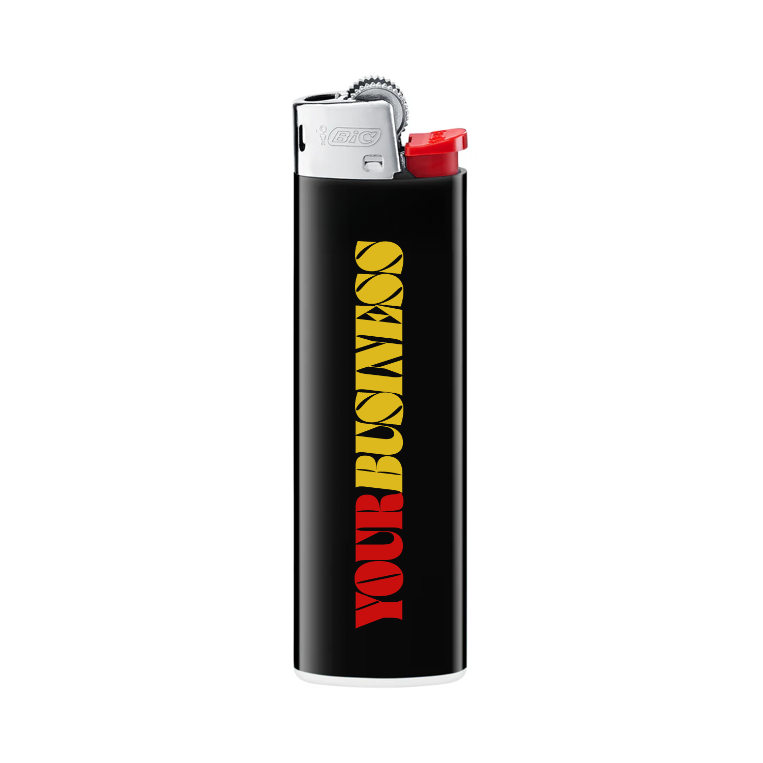Black custom Bic lighter with centered colorful printed logo