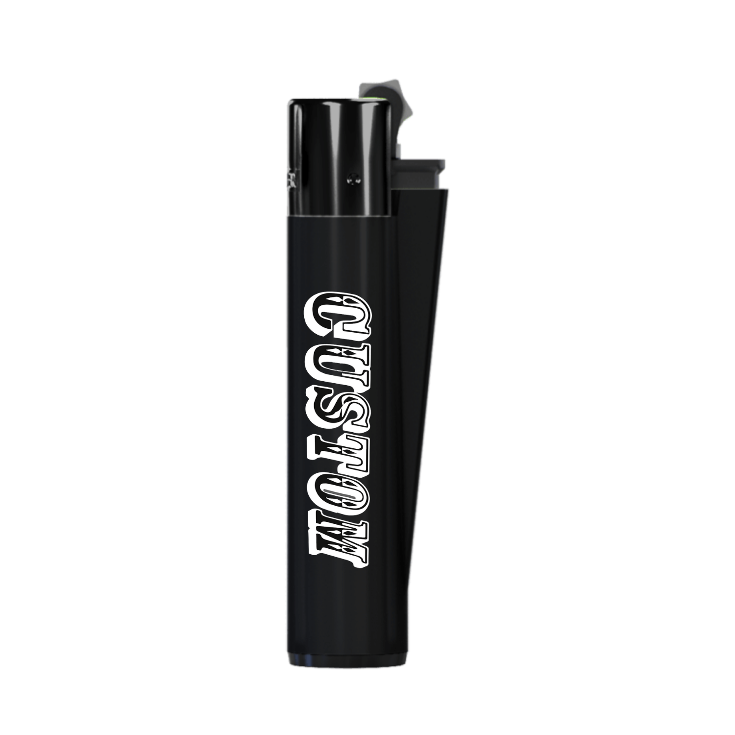 Black Clipper lighter featuring custom logo prints, ideal for cannabis brand giveaways or retail merchandise
