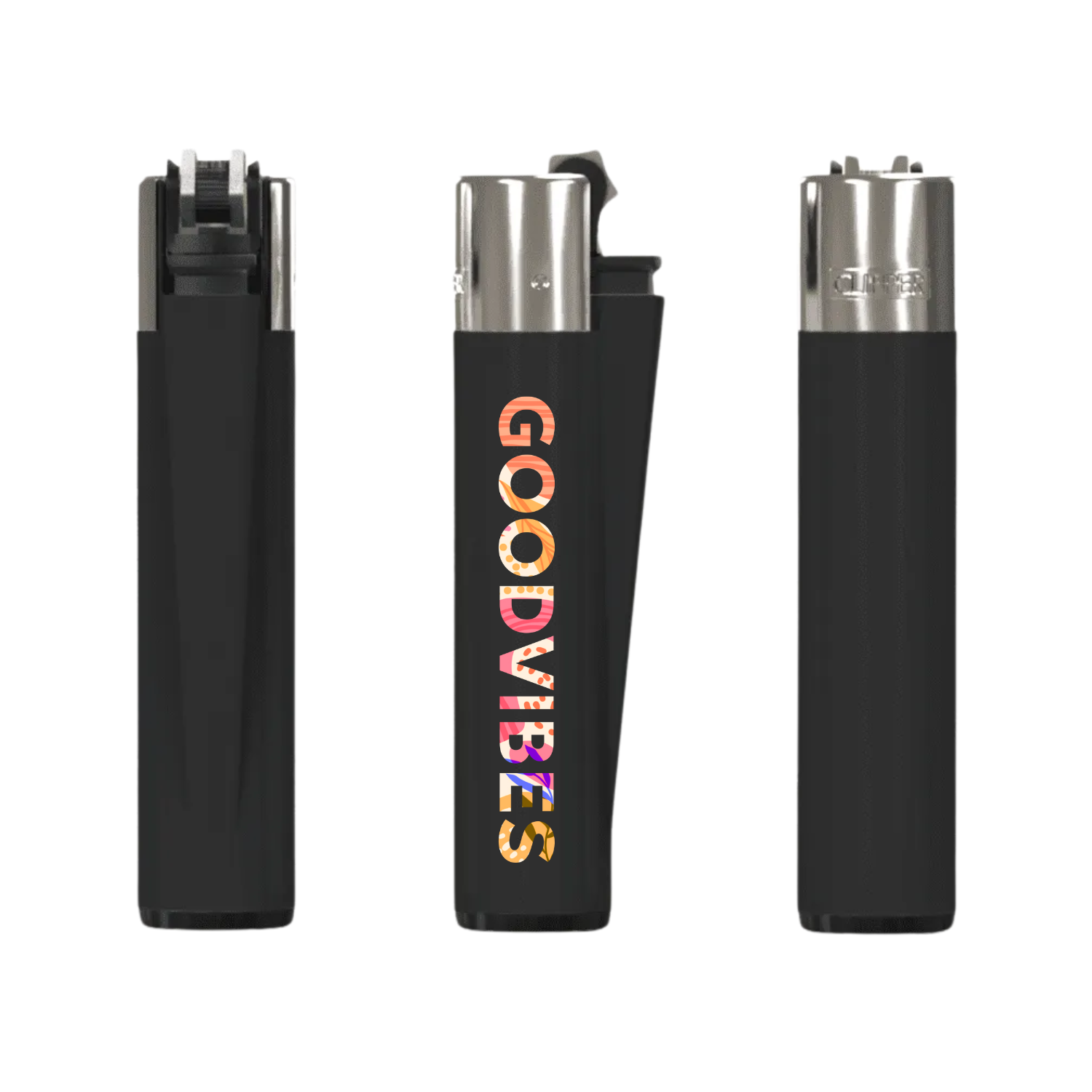 Pair of black Clipper lighters featuring custom logo prints, ideal for cannabis brand giveaways or retail merchandise