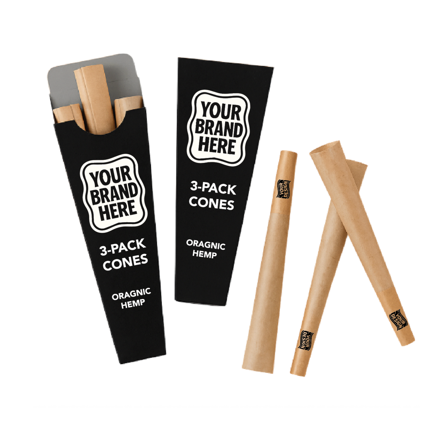 Black custom branded 3-pack pre-rolled cones with kraft paper joint tips