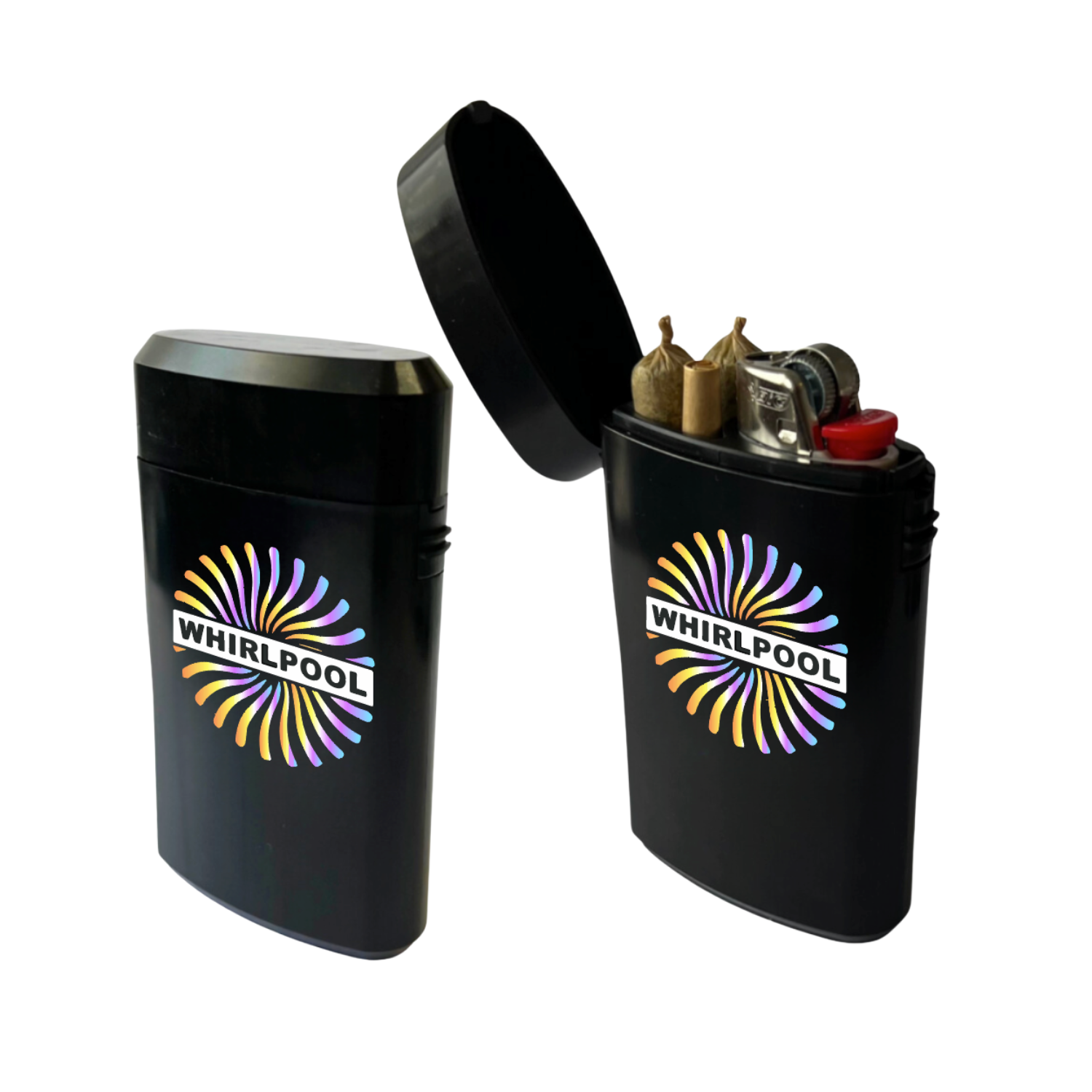 Black custom joint cases with spring-open lid, holding joints and a lighter
