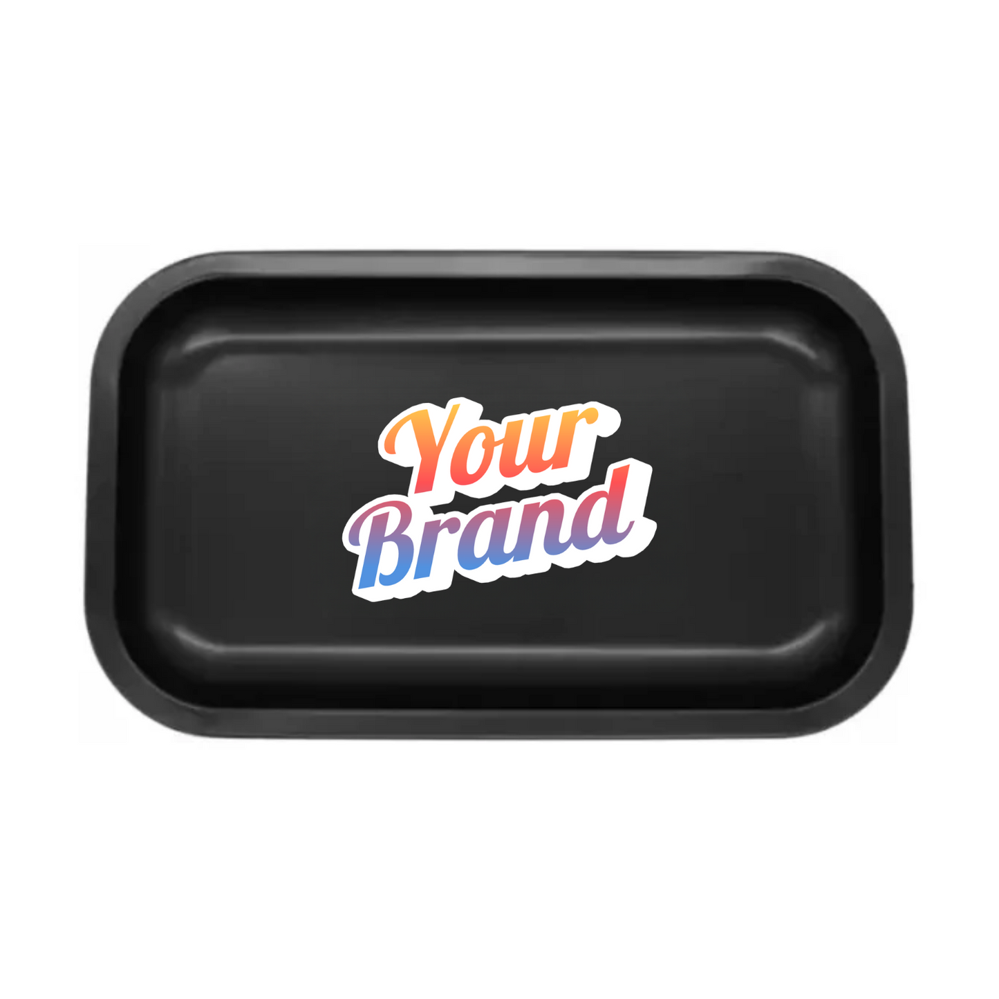Medium black metal rolling tray with centered full-color custom print