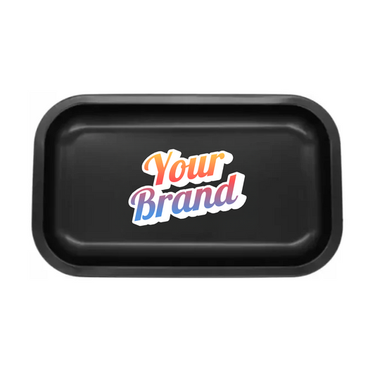 Medium black metal rolling tray with centered full-color custom print