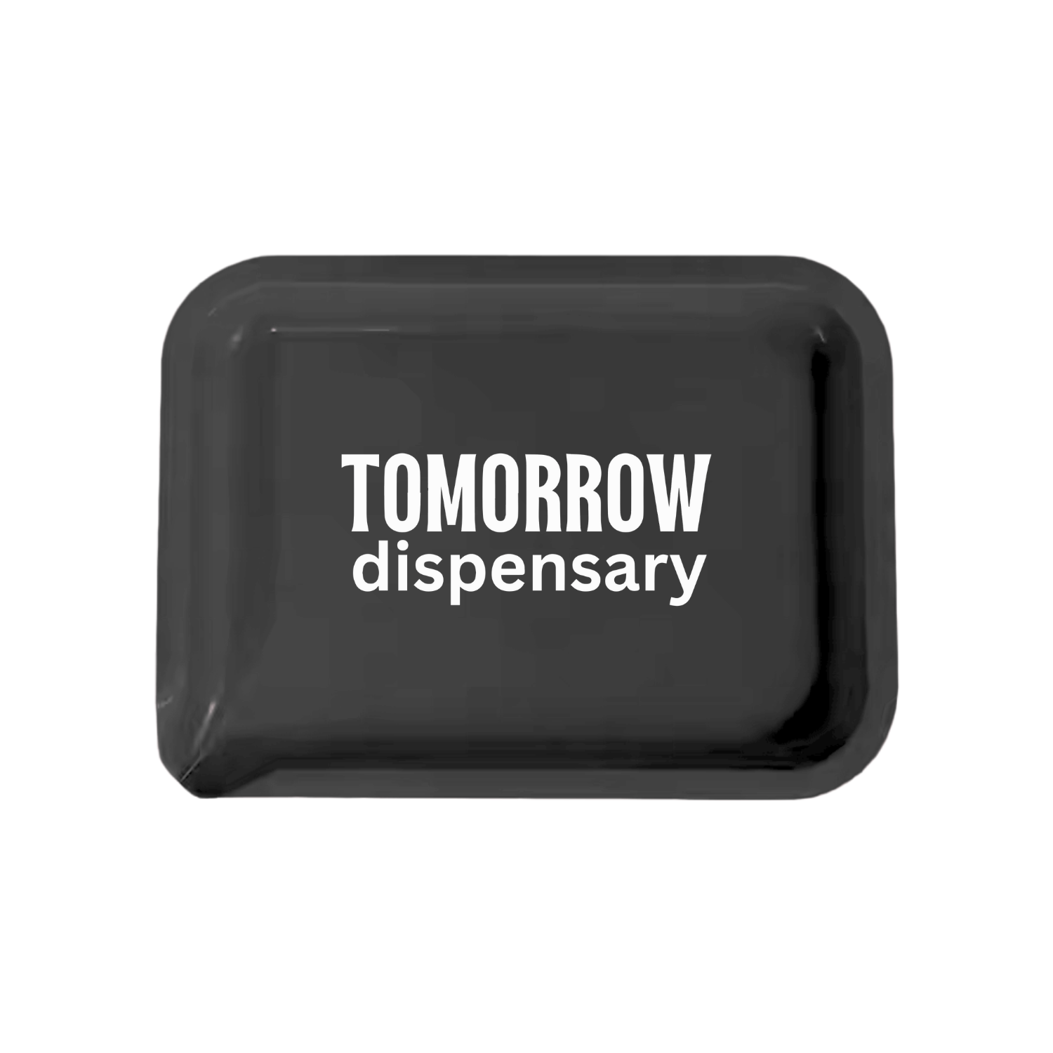 Black custom rolling tray with built-in spout and white logo for cannabis brands