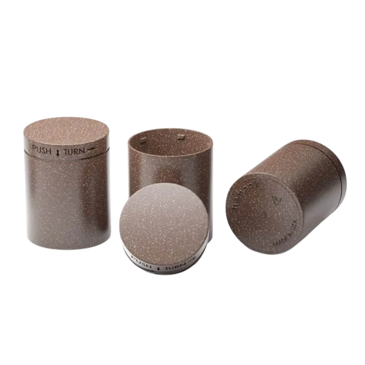 Group of 4 oz brown hemp jars with matching lids, child-resistant certified, unlabeled