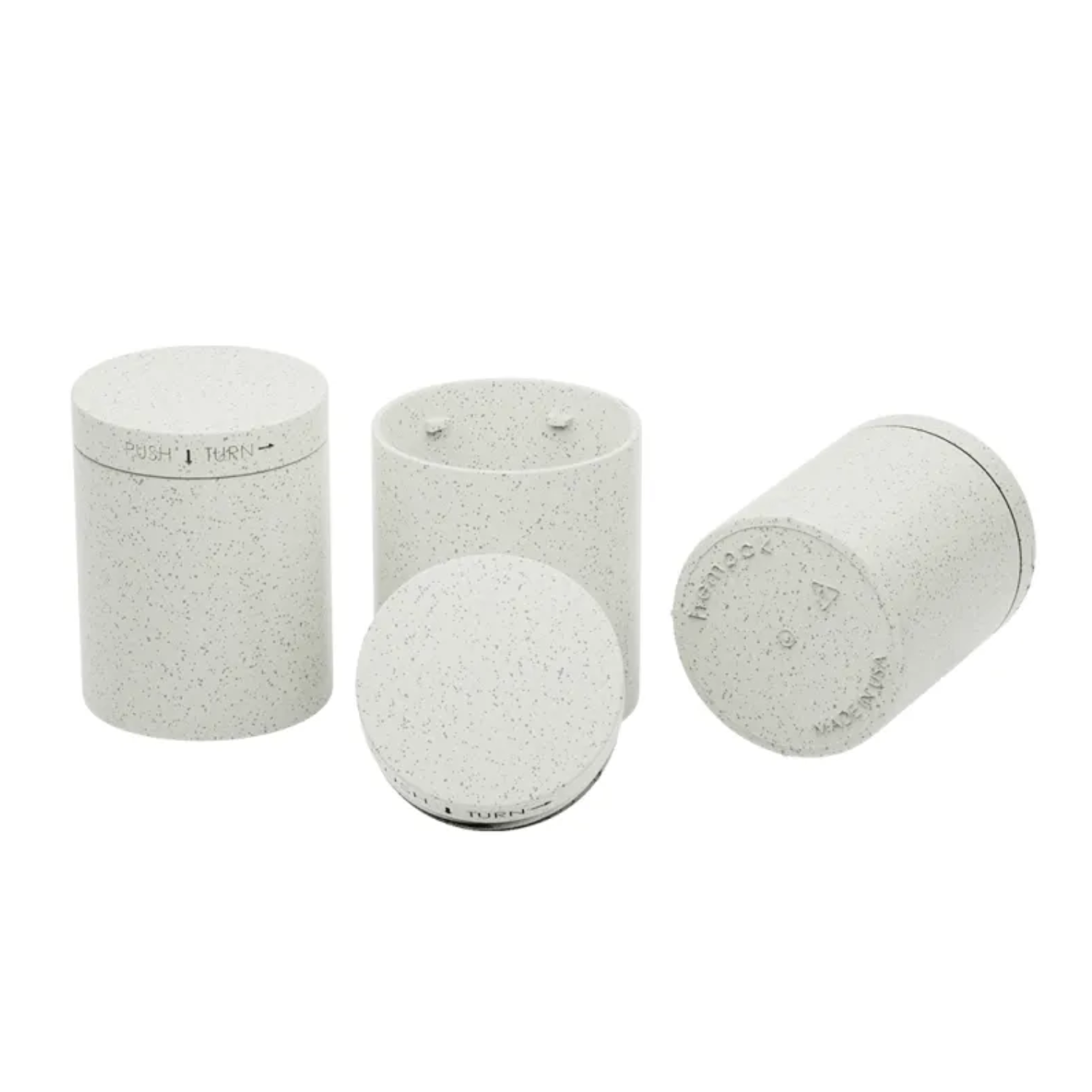 Set of three unlabeled 4 oz white hemp jars with child-resistant lids, shown from multiple angles