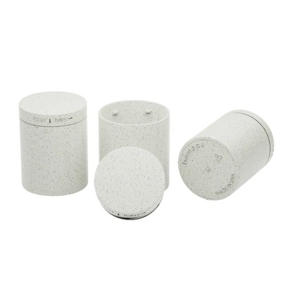 Set of three unlabeled 4 oz white hemp jars with child-resistant lids, shown from multiple angles