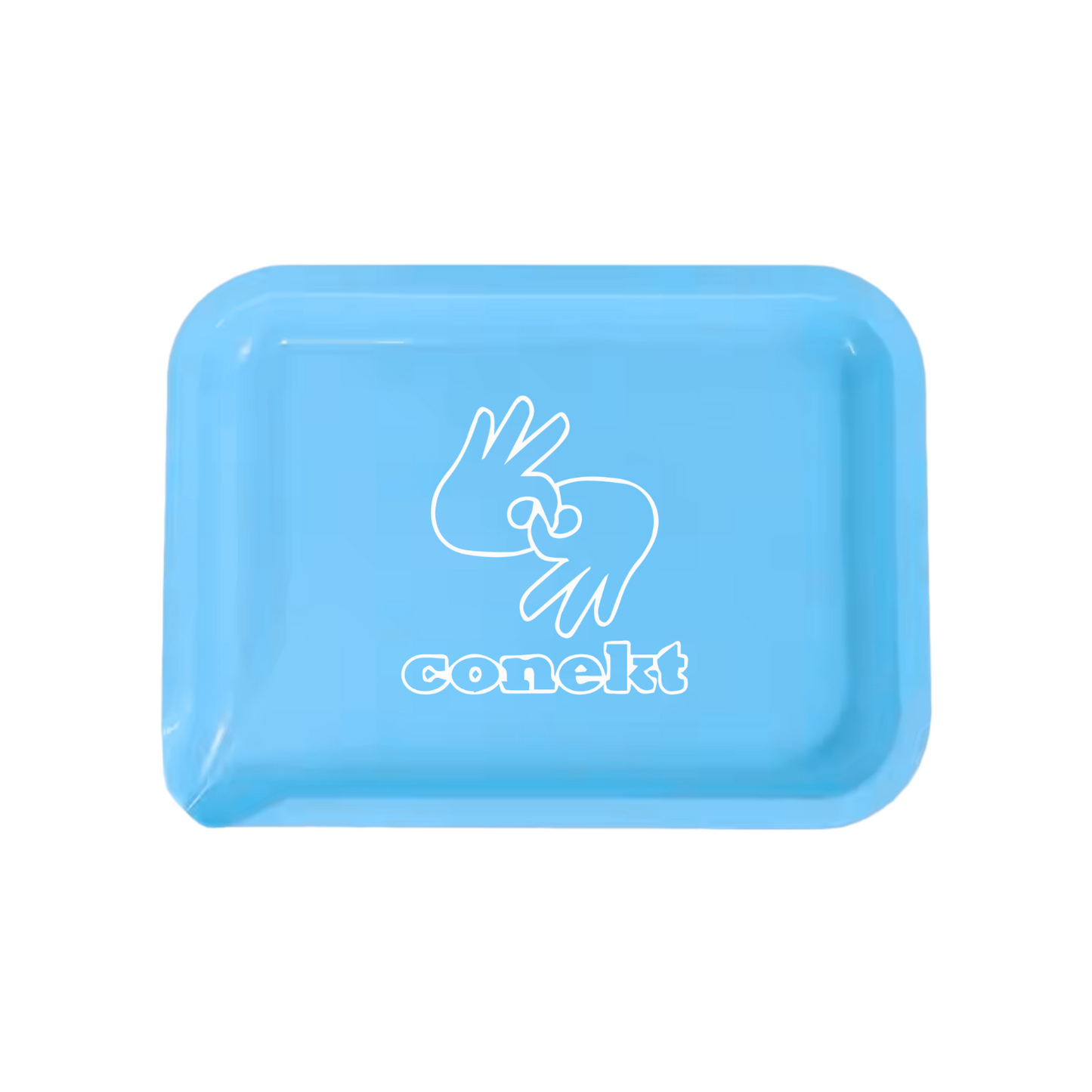 Custom blue rolling tray with white logo and spout for easy pouring of herbs