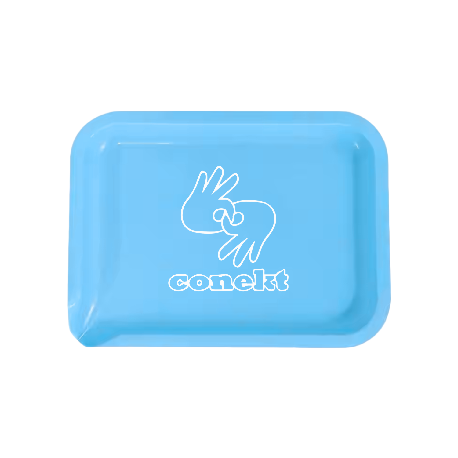 Custom blue rolling tray with white logo and spout for easy pouring of herbs