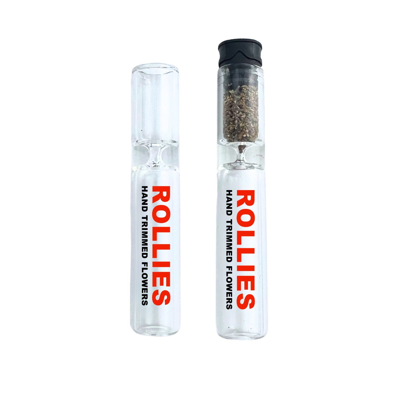 Custom prepack chillums with bold logo, one shown filled and one empty, ideal for branded cannabis packaging.
