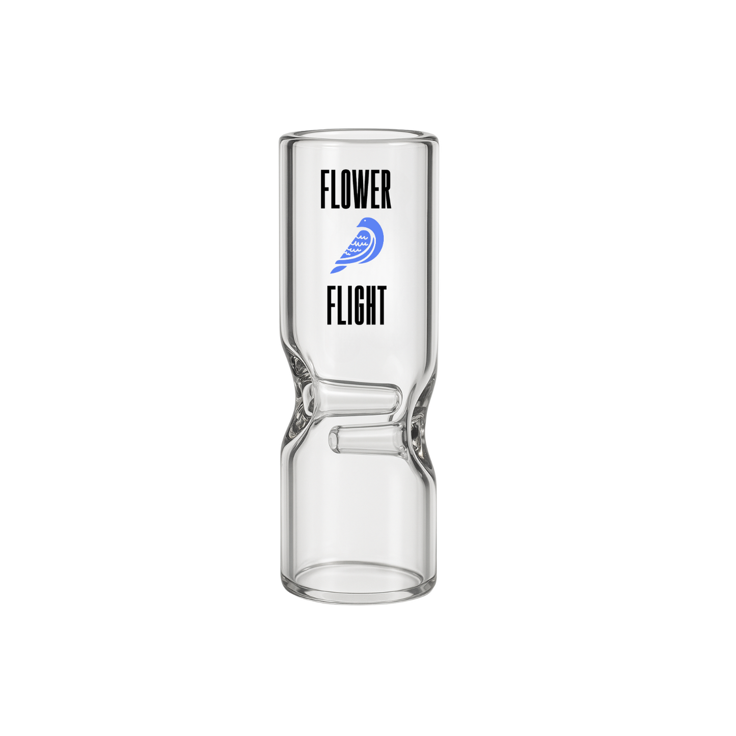 Clear glass joint tip with custom printed logo, ideal for cannabis pre-roll branding