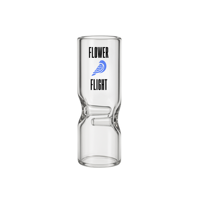 Clear glass joint tip with custom printed logo, ideal for cannabis pre-roll branding