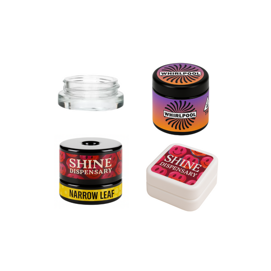Custom concentrate jars with child-resistant lids and full branding, designed for cannabis extracts