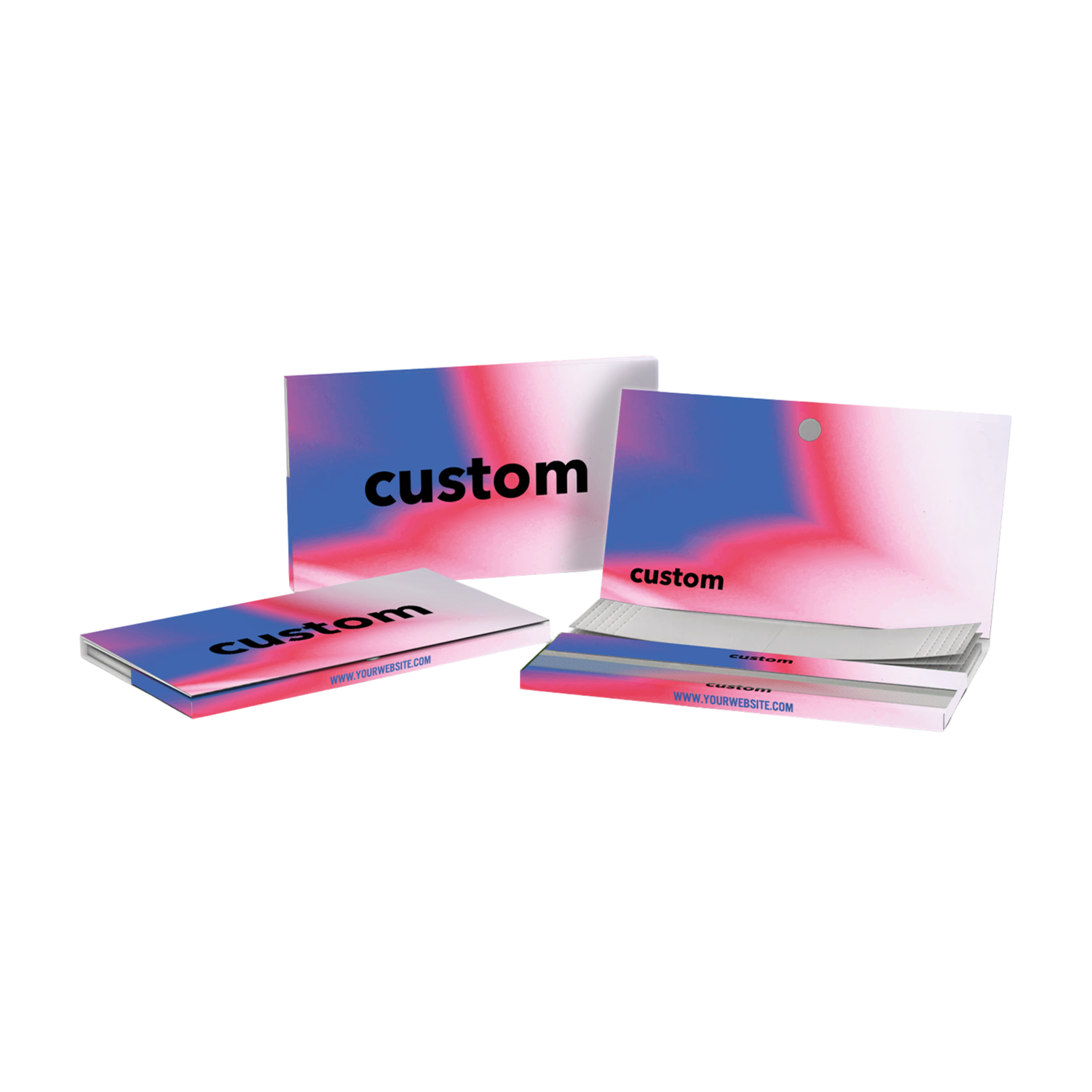 Stacked custom 1 1/4 rolling paper packs with magnetic closures and branded covers