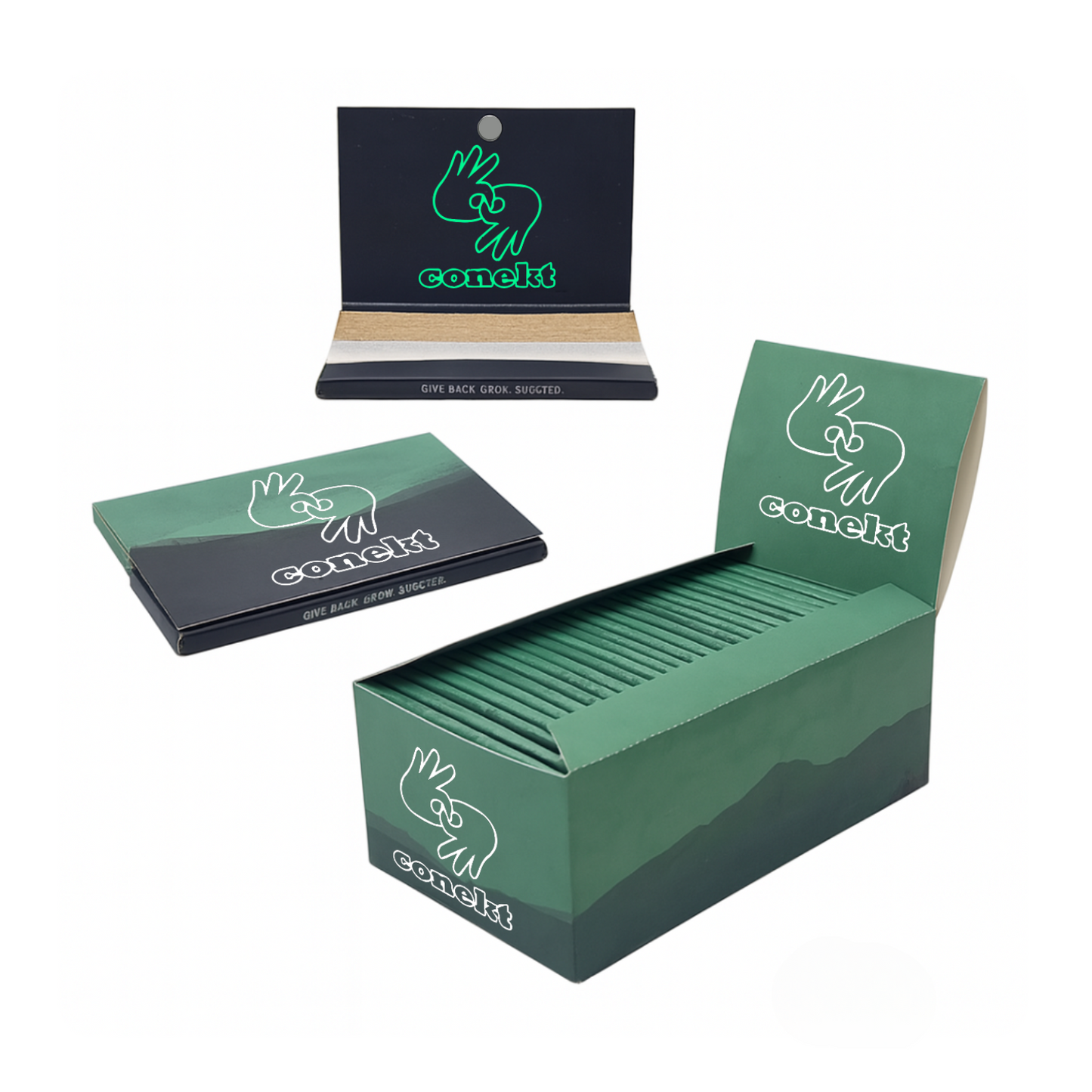 Display box of custom 1 1/4 rolling papers with tips and magnetic closure packs shown open and closed