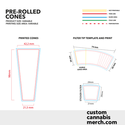 Printable dieline template for custom 3-pack pre-roll cone packaging design