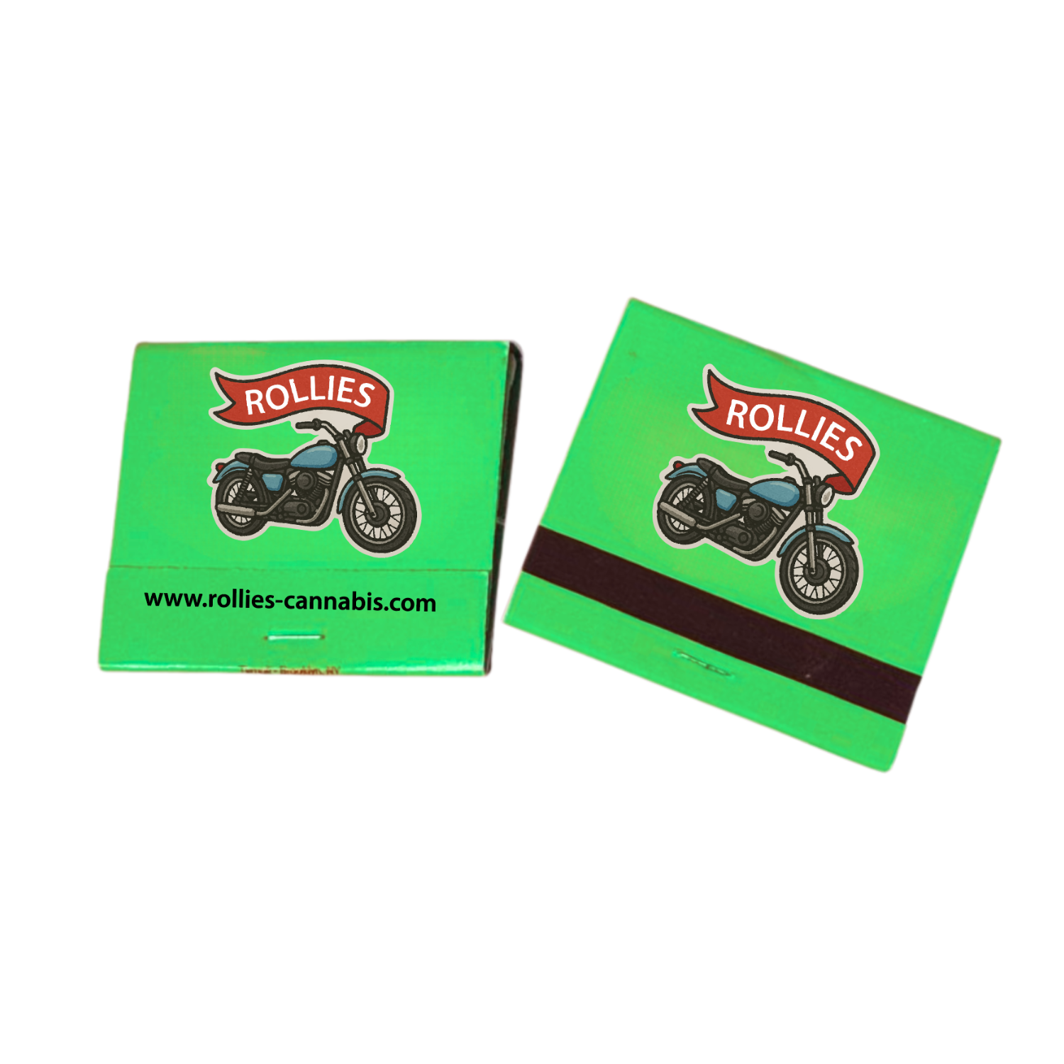 Custom green 30-count matchbook with motorcycle graphic – front and back view
