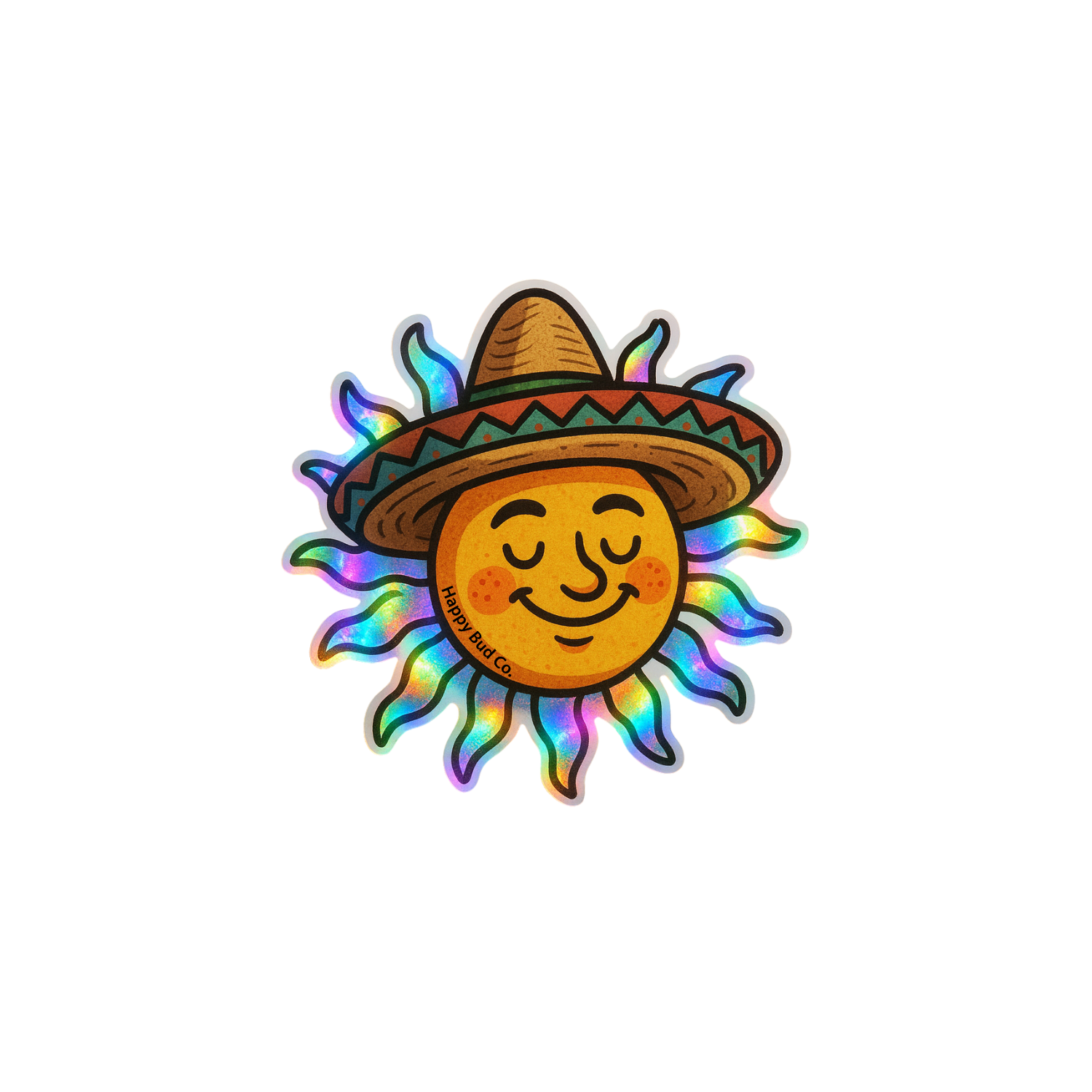 Colorful custom die-cut sticker with a sun character wearing a hat, 3 inch size