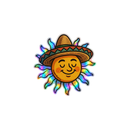 Colorful custom die-cut sticker with a sun character wearing a hat, 3 inch size