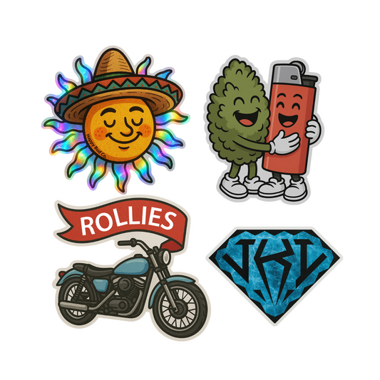 Sheet of custom 3 inch die-cut stickers featuring colorful cartoon and brand-style designs