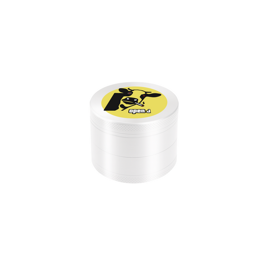 White 40mm custom 4-piece metal herb grinder with printed top design, ideal for branded merchandise and promotional accessories