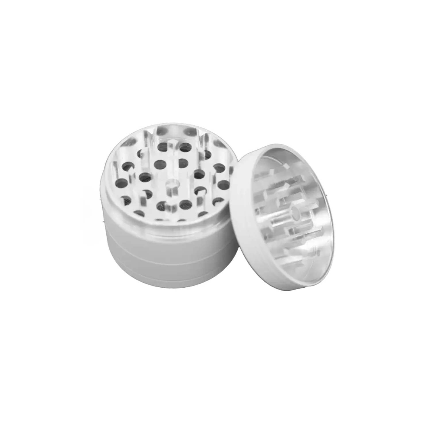 Open white 40mm custom 4-piece metal herb grinder with diamond-shaped teeth, designed for branded merchandise and retail accessories.
