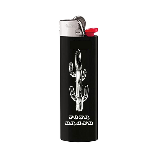Custom black Bic lighter featuring detailed white graphic design