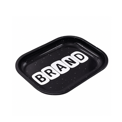 Fully custom black metal rolling tray featuring bold logo and edge-to-edge print design for promotional use