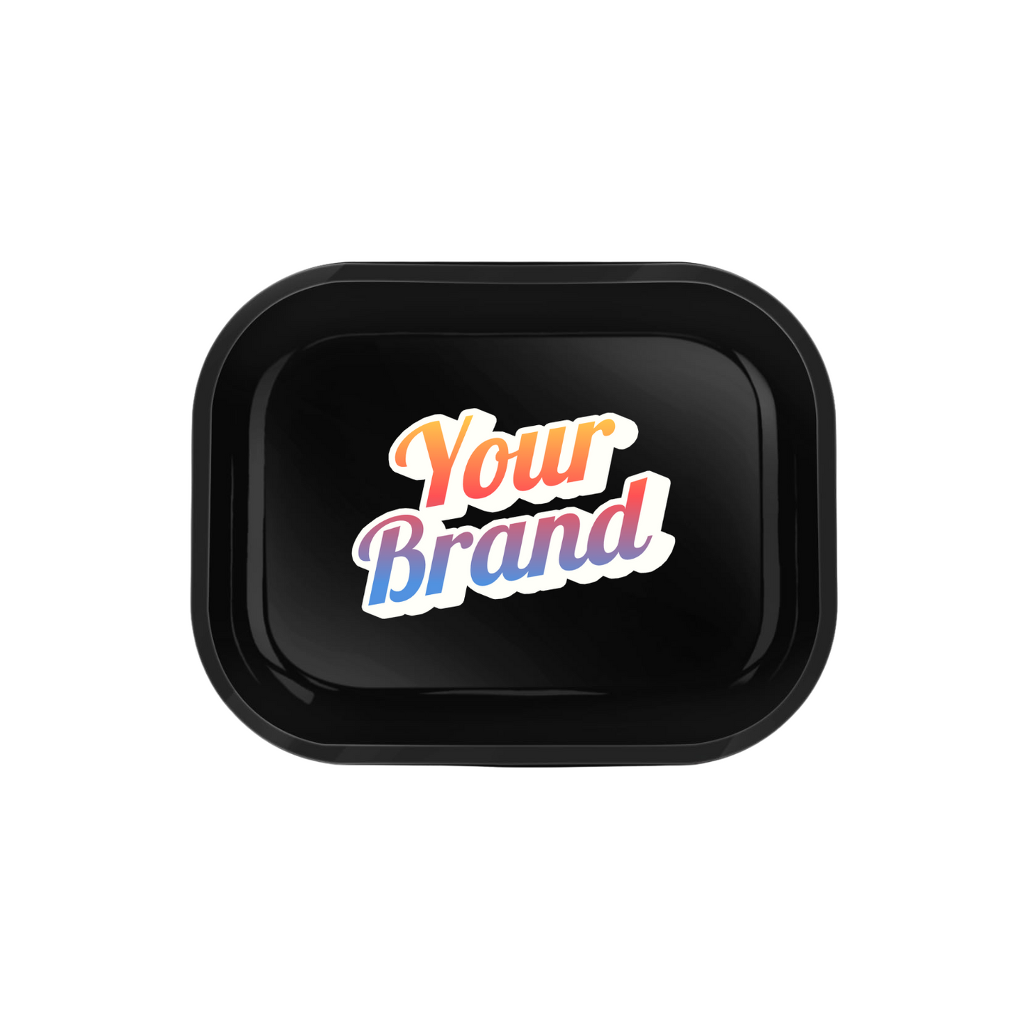 Small black rolling tray with simple monochrome logo print