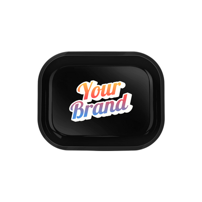 Small black rolling tray with simple monochrome logo print